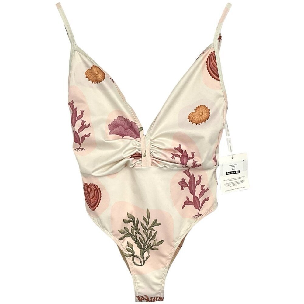 Cream Floral Print One-Piece Swimsuit with Pink & Green Accents